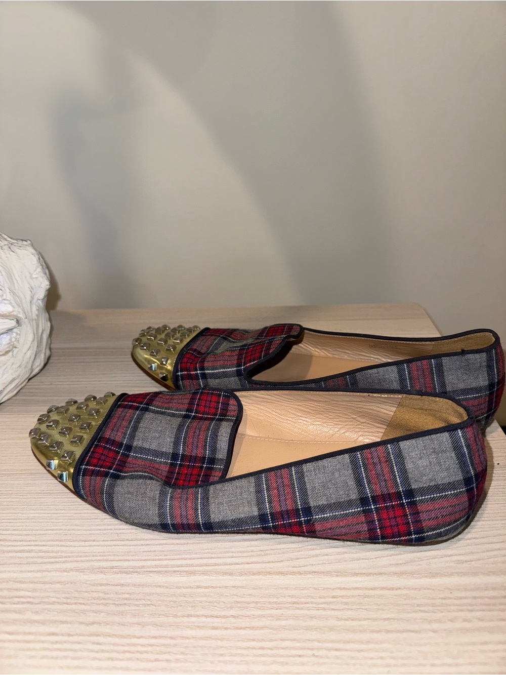 J. Crew Plaid Studded Cap-Toe Flats - Red, Gray, Gold - Picture 4 of 5